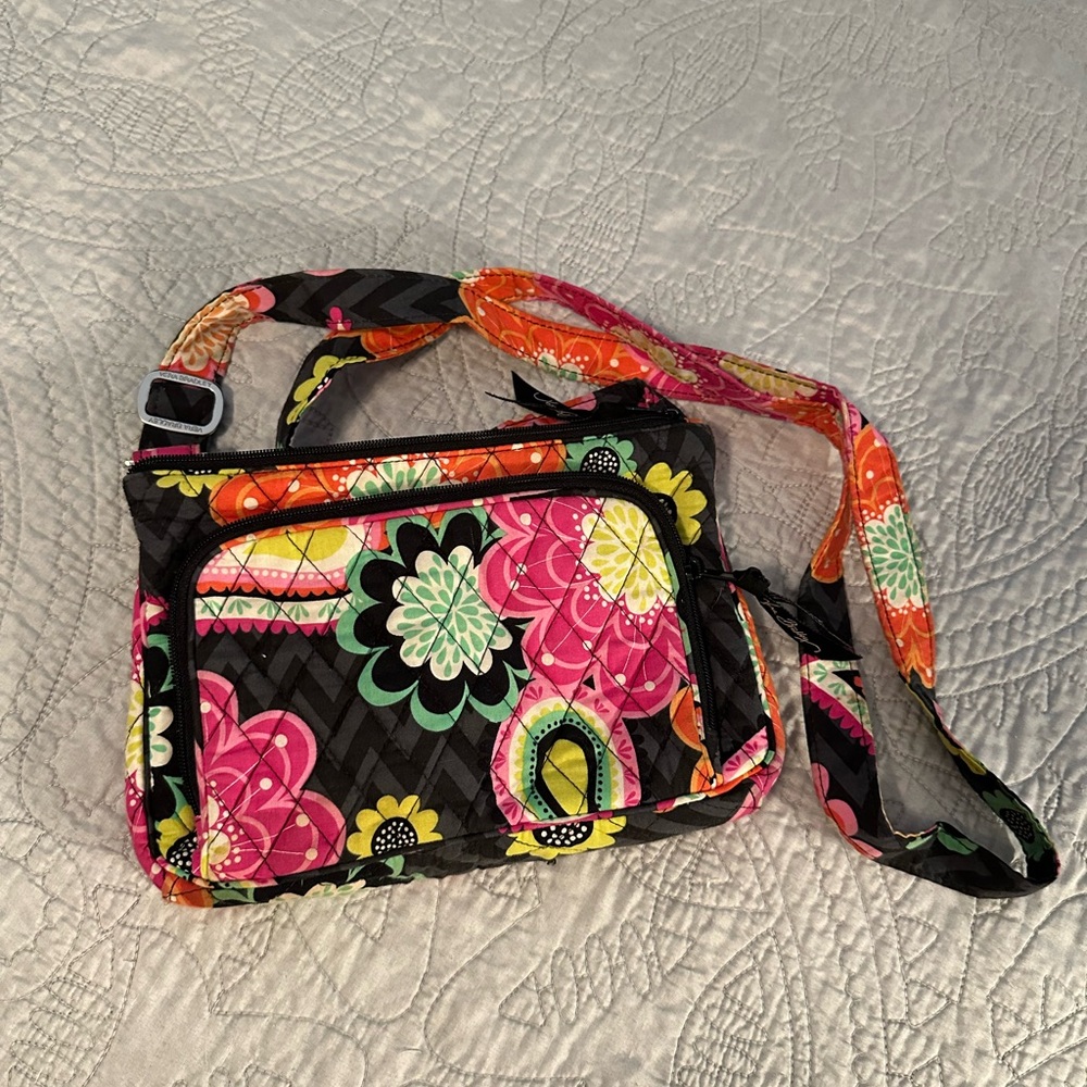 Vera Bradley Black Floral Crossbody Bag with Pink, Green & Yellow Accents